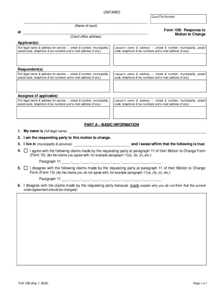 Form 15B Response to Motion to Change Ontario Court Forms