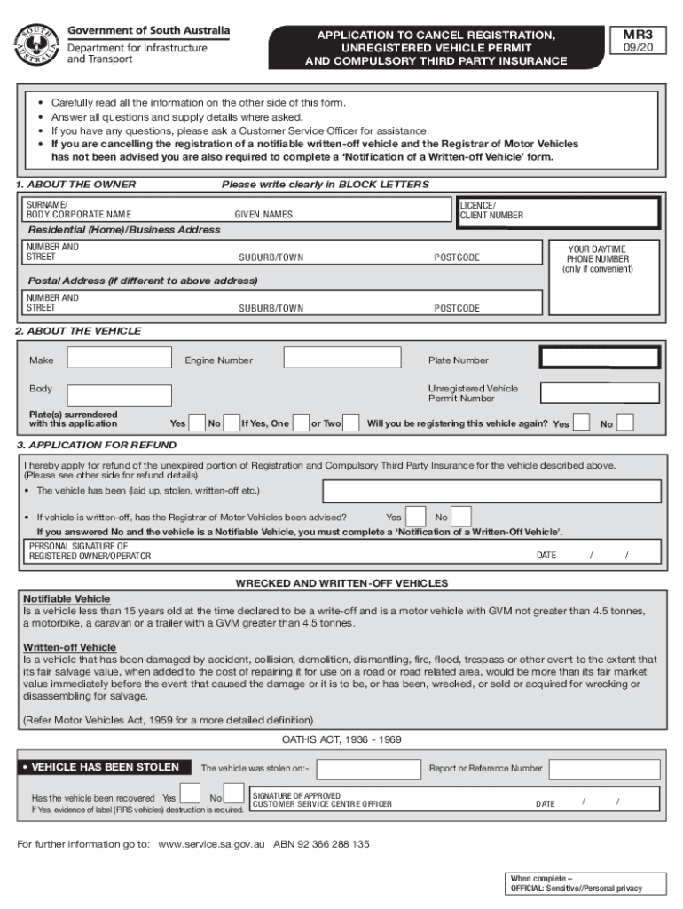  Australia Mr3 Application Cancel Vehicle 2020-2024