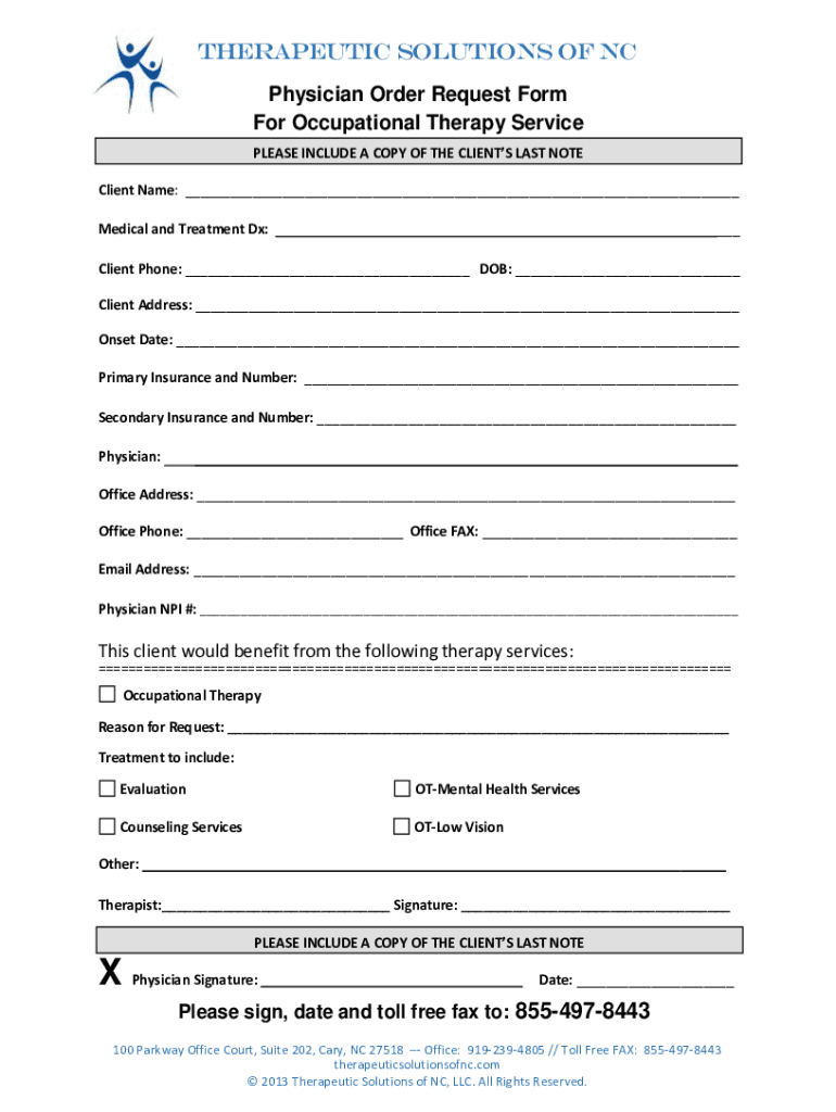 Physician Order Request Form for Occupational Therapy