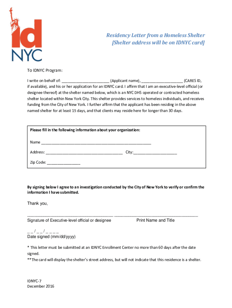 Get and Sign Residency Letter from a Homeless Shelter Shelter Address Will 2016-2022 Form