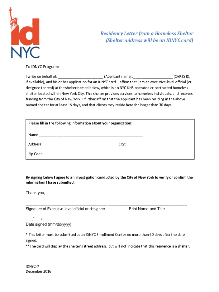  Residency Letter from a Homeless Shelter Shelter Address Will 2016-2024