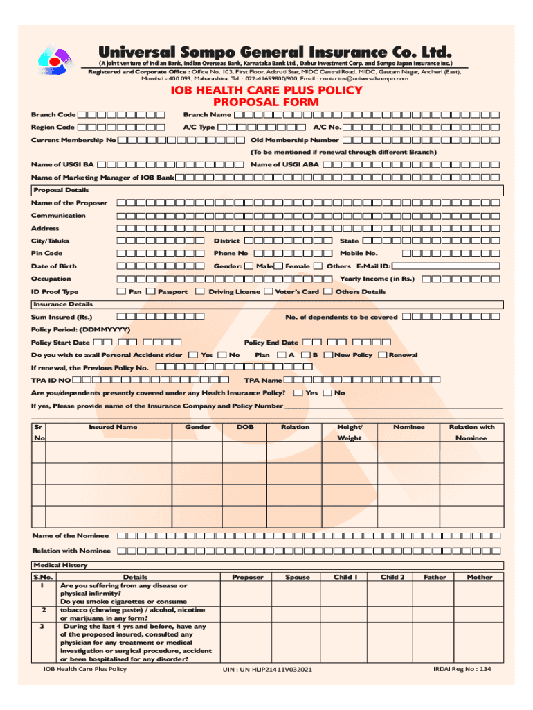 IOB Health Care Plus Proposal Form Cdr