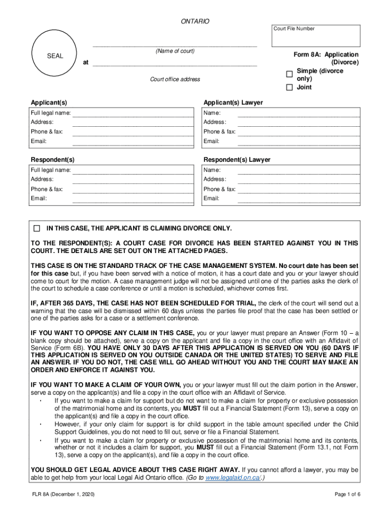 Ontario Seal Form 8a Application Divorce Formules Fill