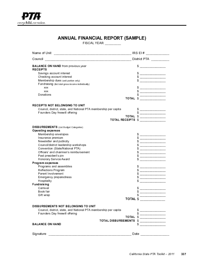 Pta Annual Financial Report Template  Form