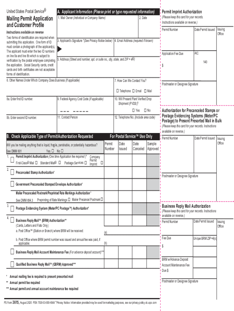 ReferenceReferenceLogon USPSPS Form 3615 Mailing Permit Application and Customer Profile