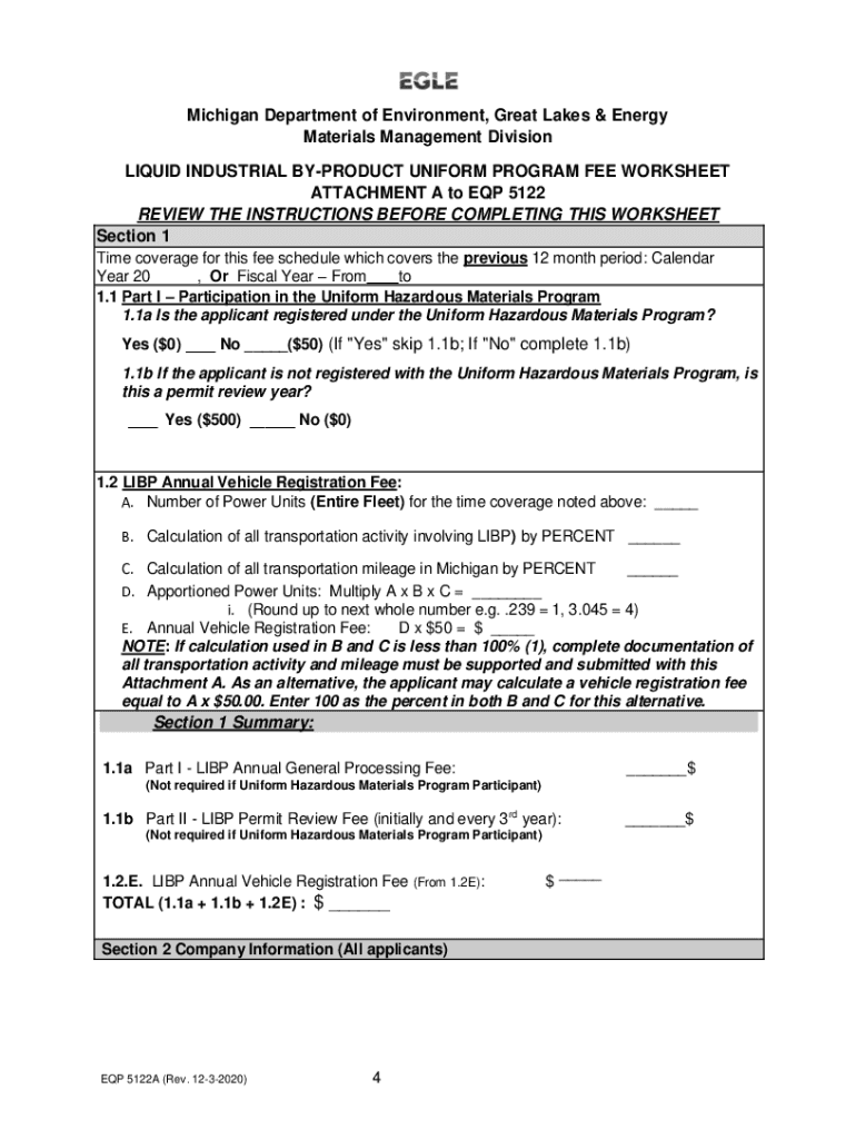  Instructions for Completing Liquid Industrial by Product Uniform Program Fee Worksheet Attachment a to EQP5122 2020