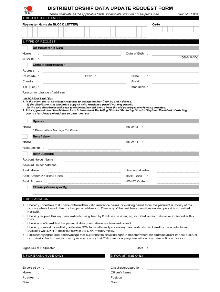 Distributorship Data Update Request Form