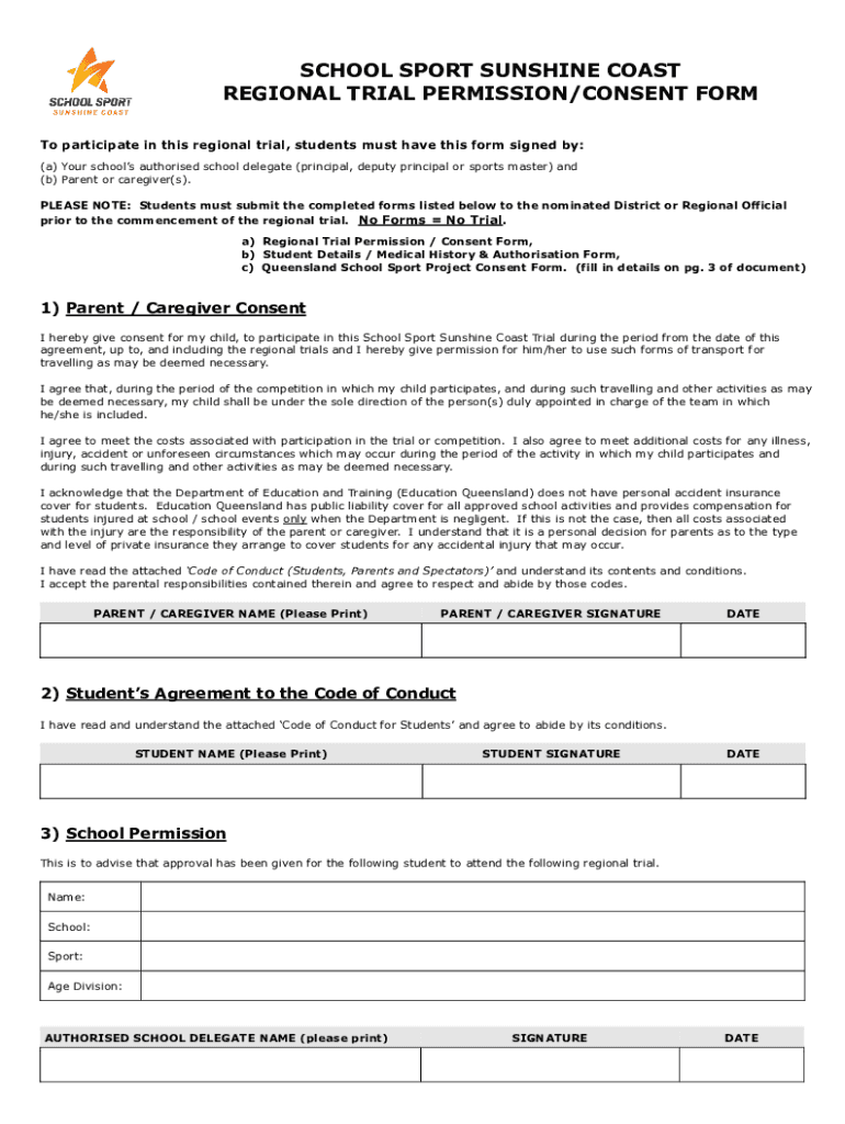 SUNSHINE COAST REGION SCHOOL SPORT REGIONAL TRIAL PERMISSION  Form