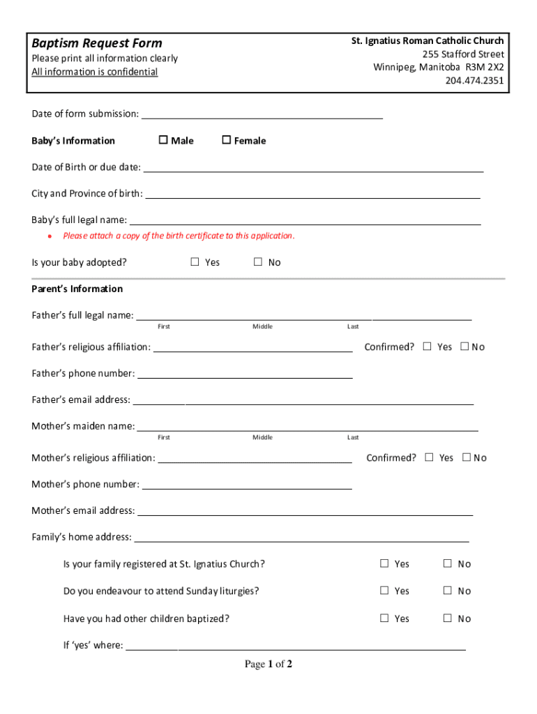 Baptism Request Form St Ignatius Roman Catholic Church