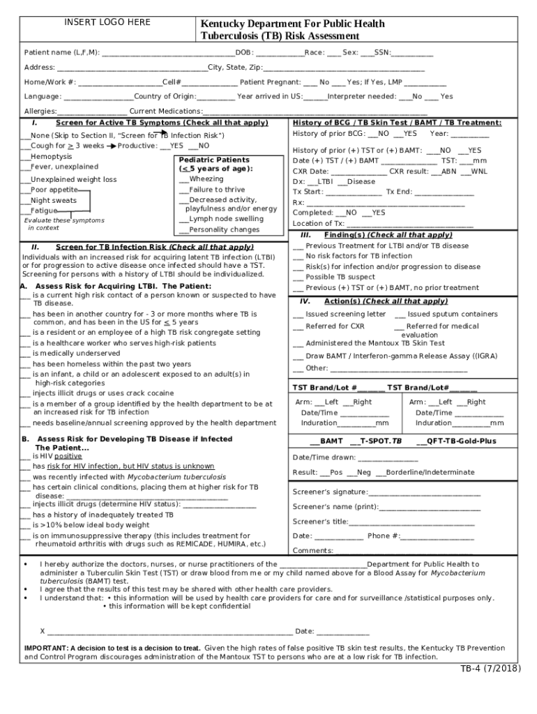 TB4 TB Risk Assessment Form Cabinet for Health and