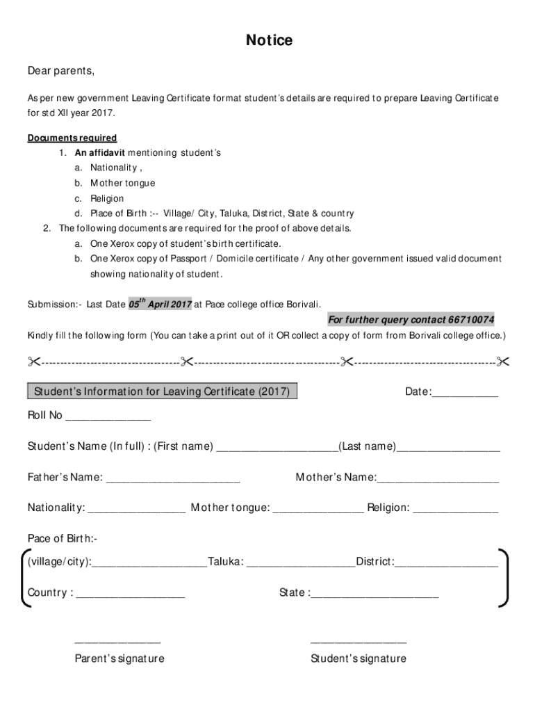 Affidavit for School Leaving Certificate PDF  Form