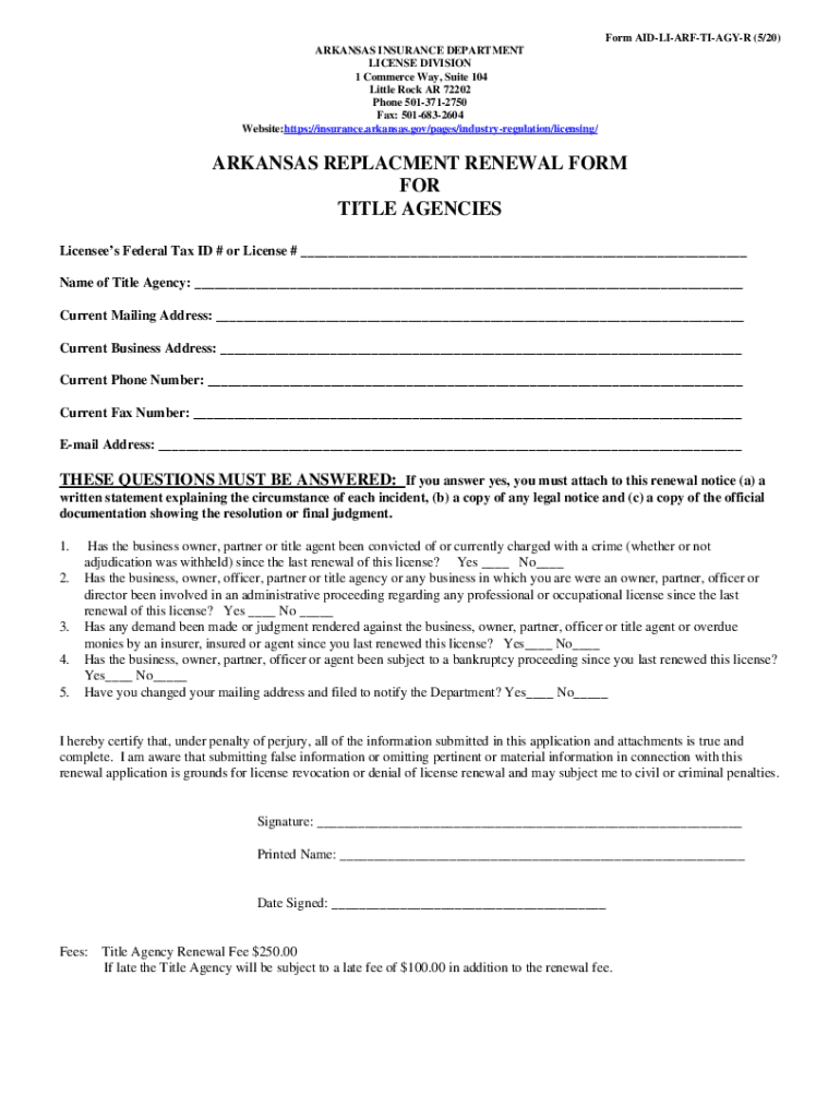  FORM AID LI ARF RBE 1 12 Arkansas Insurance Department 2020-2024