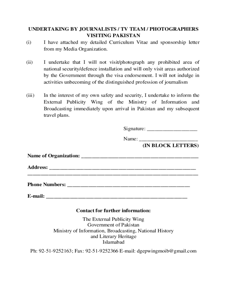 Visa Application for Media Embassy of Pakistan, Washington D C  Form