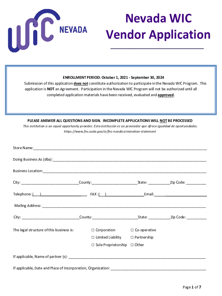  Nevada WIC Vendor Application 2021-2024