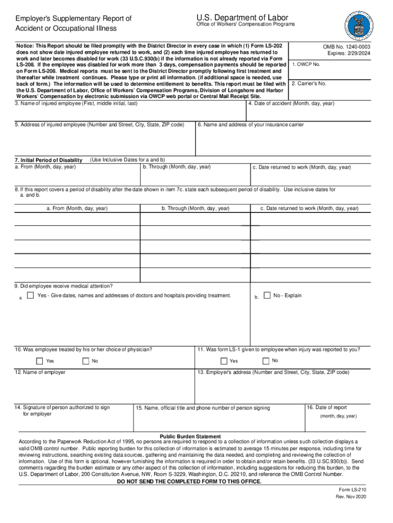  Employer's Supplementary Report of Accident or Occupational Illness Ls 210 2020-2024