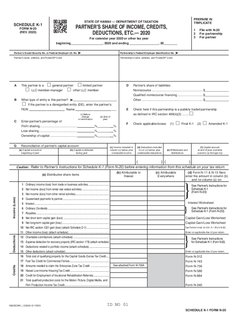  Schedule K 1, Form N 20, Rev , Partner's Share of Income 2020