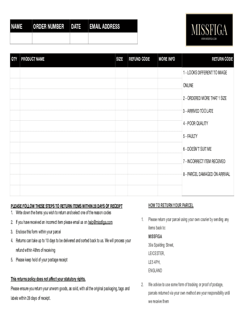 Missfiga Returns  Form