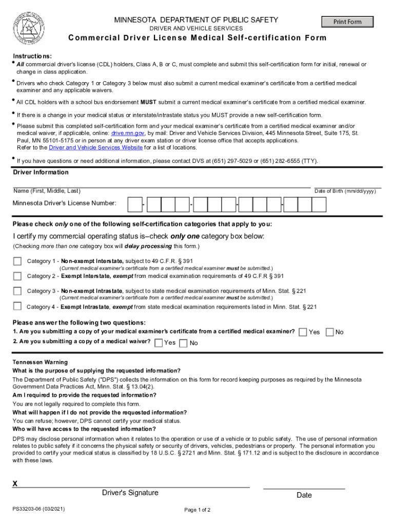  CDL Self Certification Medical Form 2021-2024