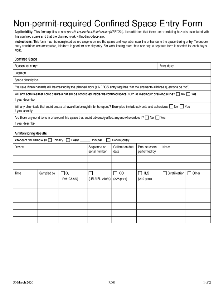 Non Permit Confined Space Form