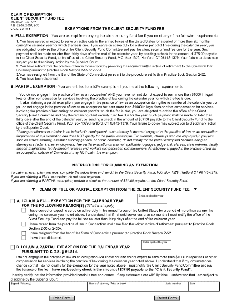  CLAIM of EXEMPTION CLIENT SECURITY FUND FEE JDGC22 2017-2024