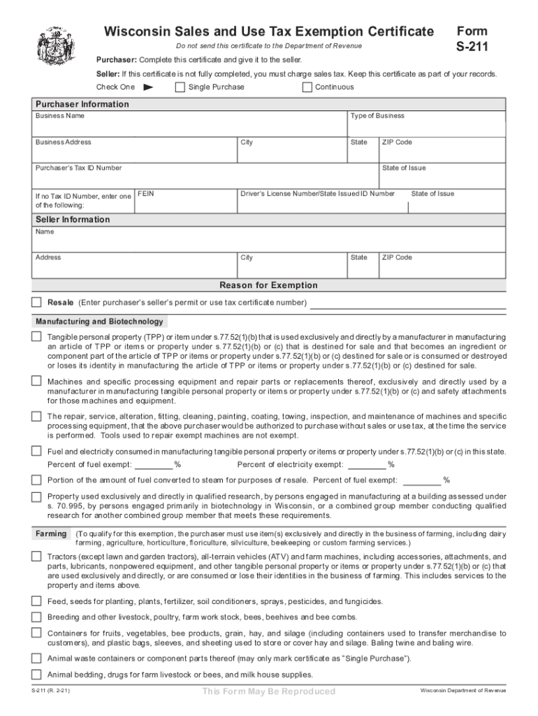  February S 211 Wisconsin Sales and Use Tax Exemption Certificate Fillable 2021