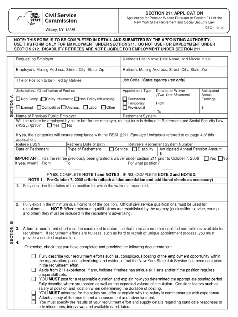 New York State Retirement and Social Security Law 211  Form