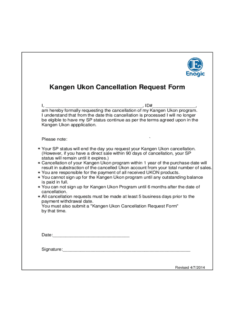  Ukon Cancellation Form 2014-2024