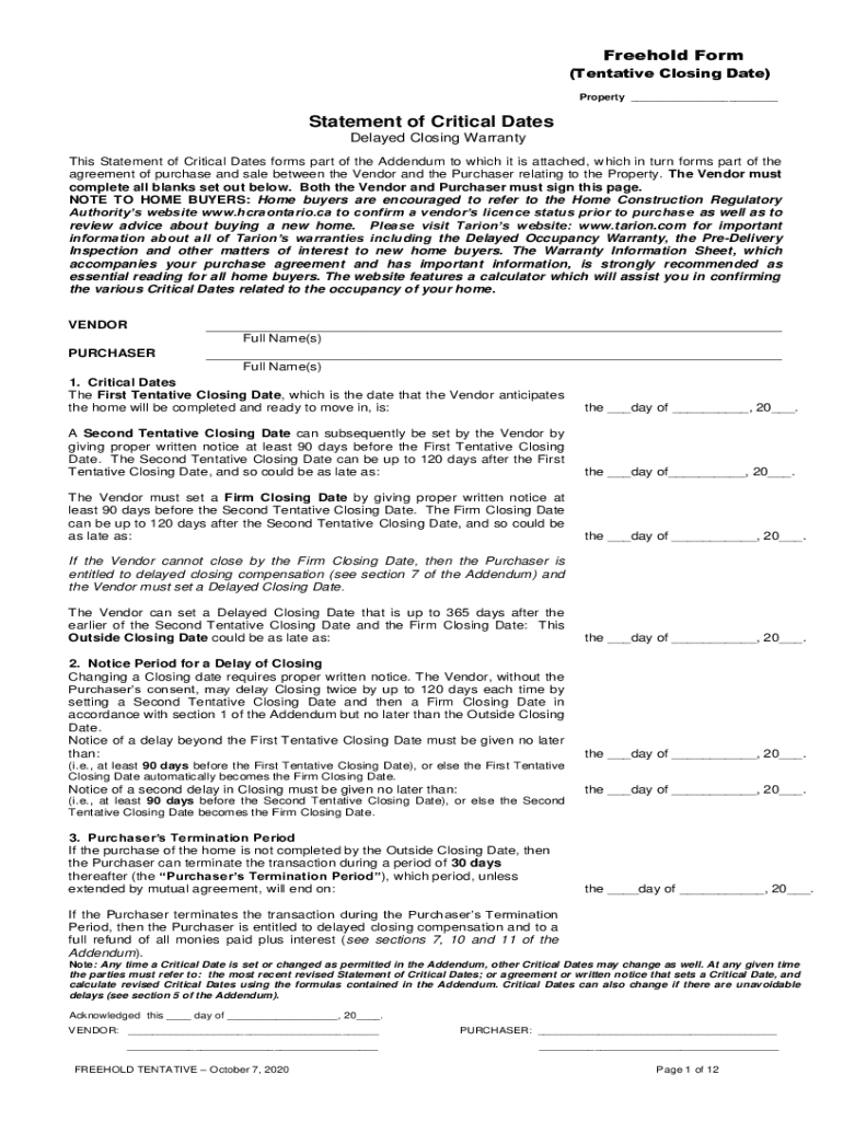 Hold Form Tentative Closing Date Tarion Com