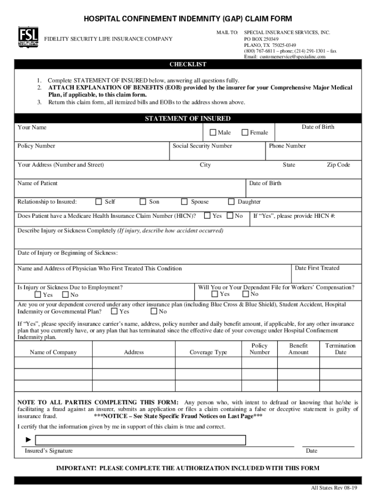  Claim Form Generic HOSPITAL CONFINEMENT USE V08 08 19 DOC 2019-2024