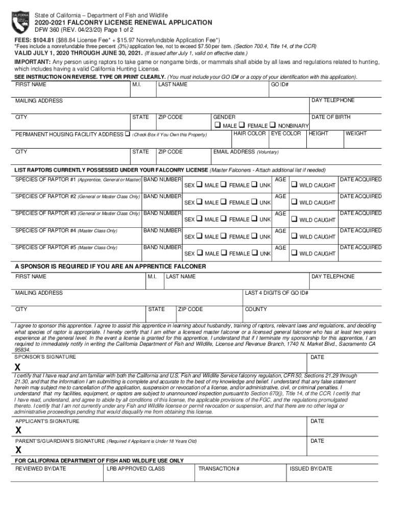  Falconry License Renewal Application FG360 California 2020