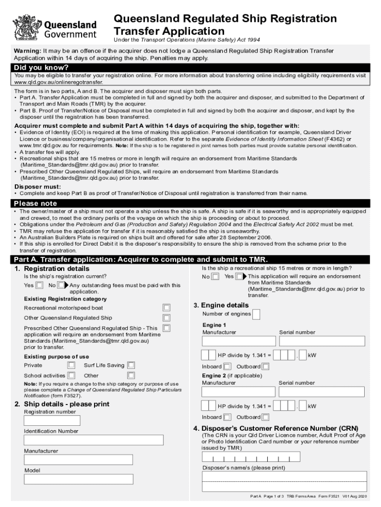  Transport and Main Roads Corporate Forms F3521 2020-2024