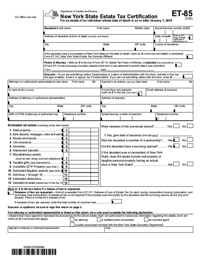  Fillable Online Form ET 85314New York State Estate Tax 2020