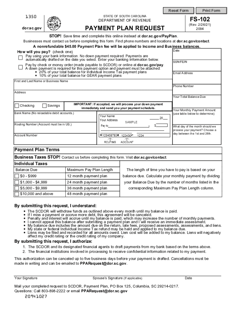  1350 STATE of SOUTH CAROLINA FS 102 DEPARTMENT of REVENUE 2021