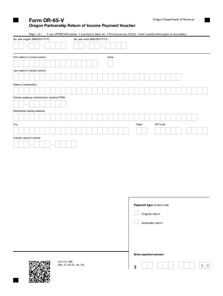  Form or 65 V, Oregon Partnership Return of Income Payment Voucher, 150 101 066 2020