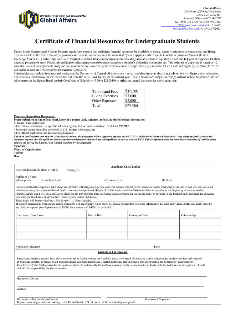 Certificate of Financial Resources Form Office of Global