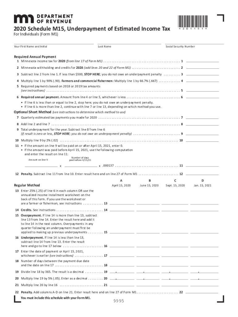  Schedule M15, Underpayment of Estimated Income Tax 2020