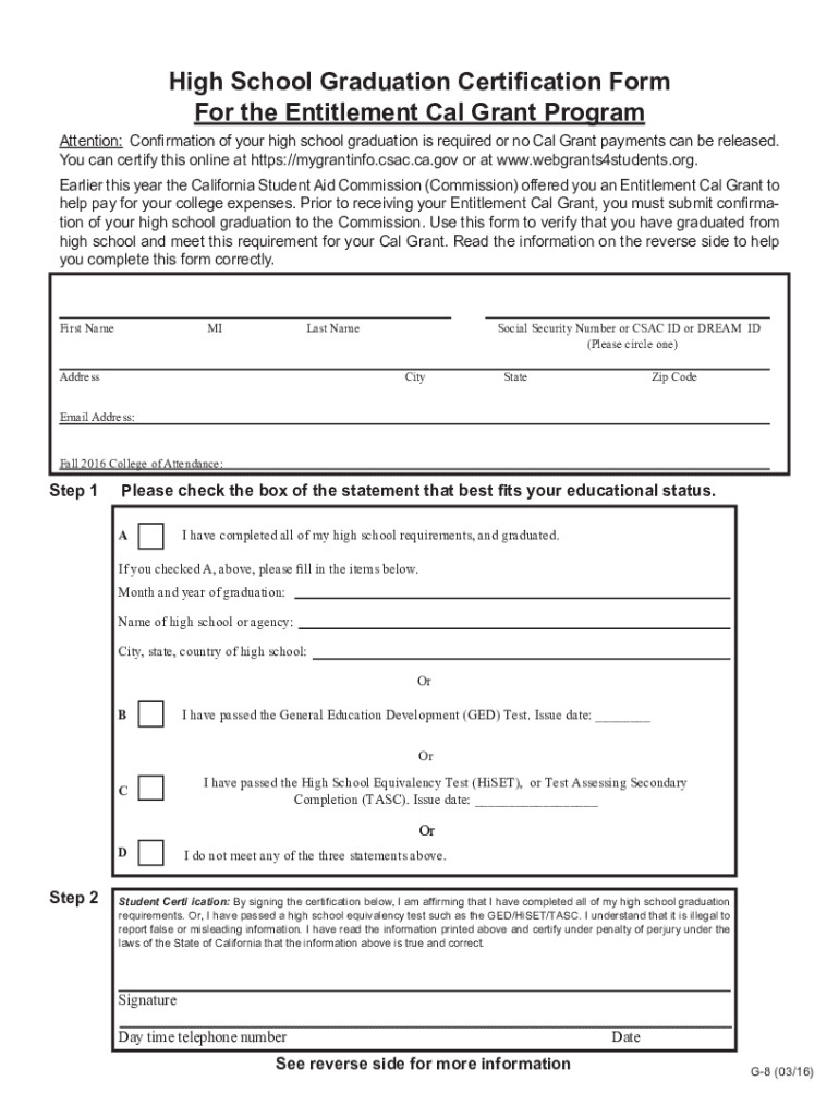  High School Graduation Certification Form for the Entitlement 2016-2024