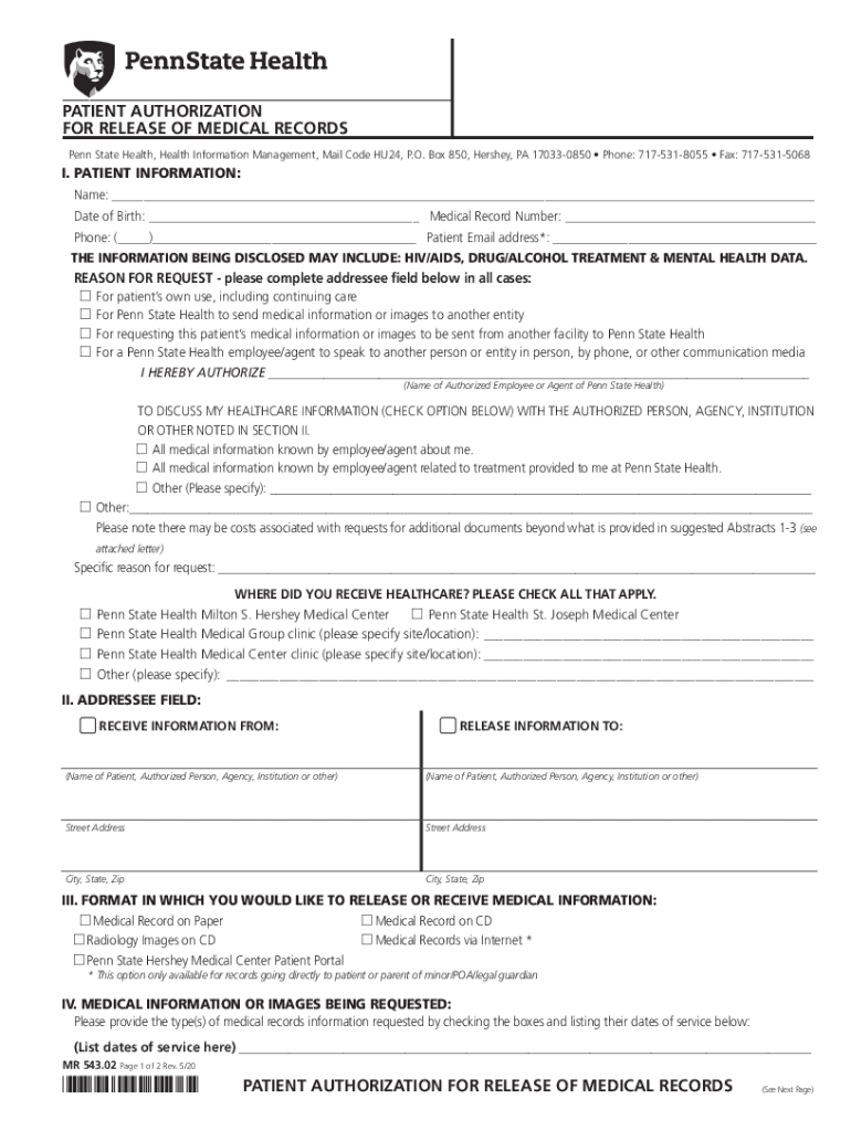  MR 543 02 Patient Authorization for Release of Medical Records 2020