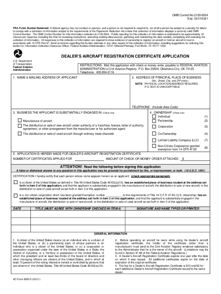 AFFIDAVIT of OWNERSHIP for AMATEUR BUILT and OTHER NON  Form