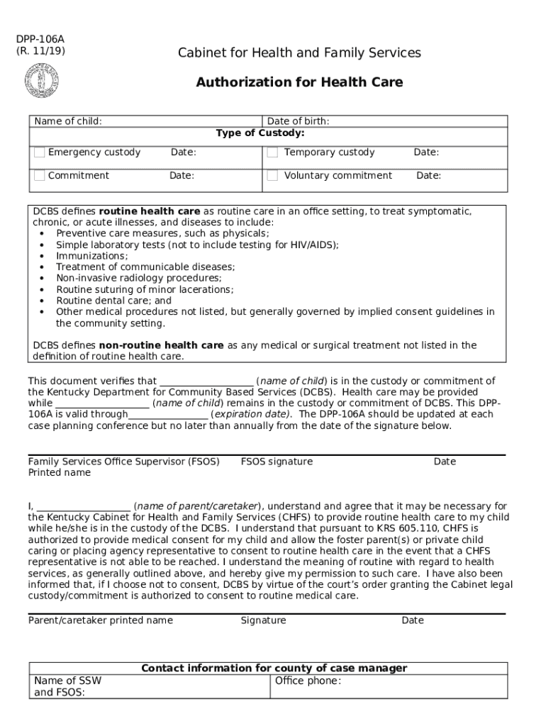 DPP 106A Authorization for Health Care  Form