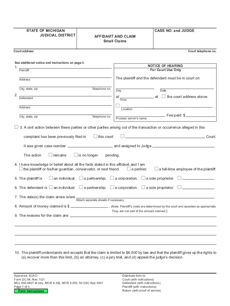 Get and Sign STATE of MICHIGAN JUDICIAL DISTRICT AFFIDAVIT and CLAIM  Form