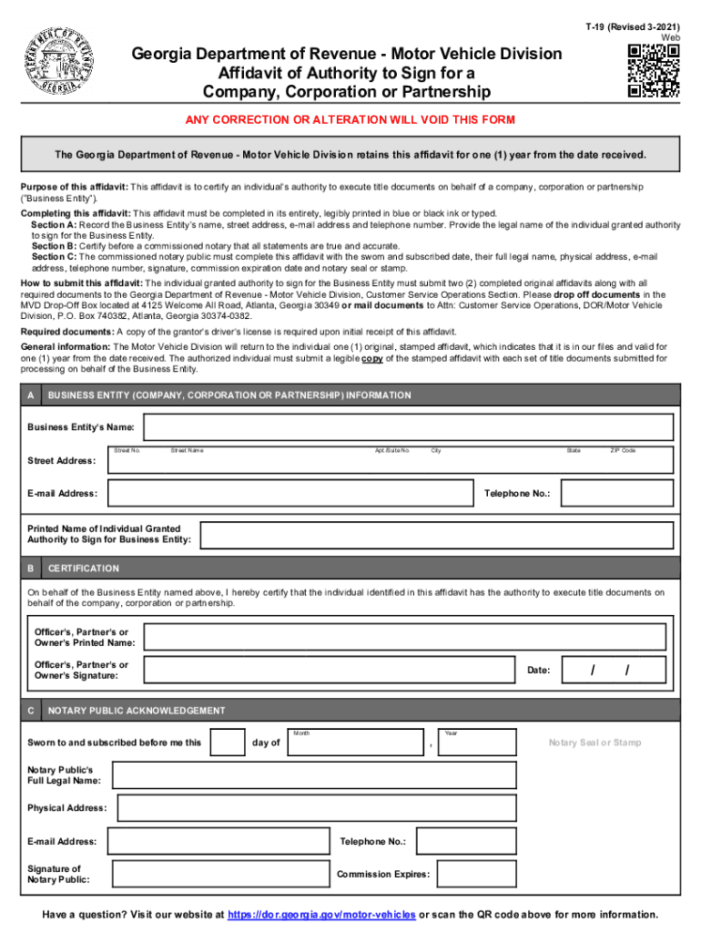 Affidavit of Authority to Sign for a Company  Form