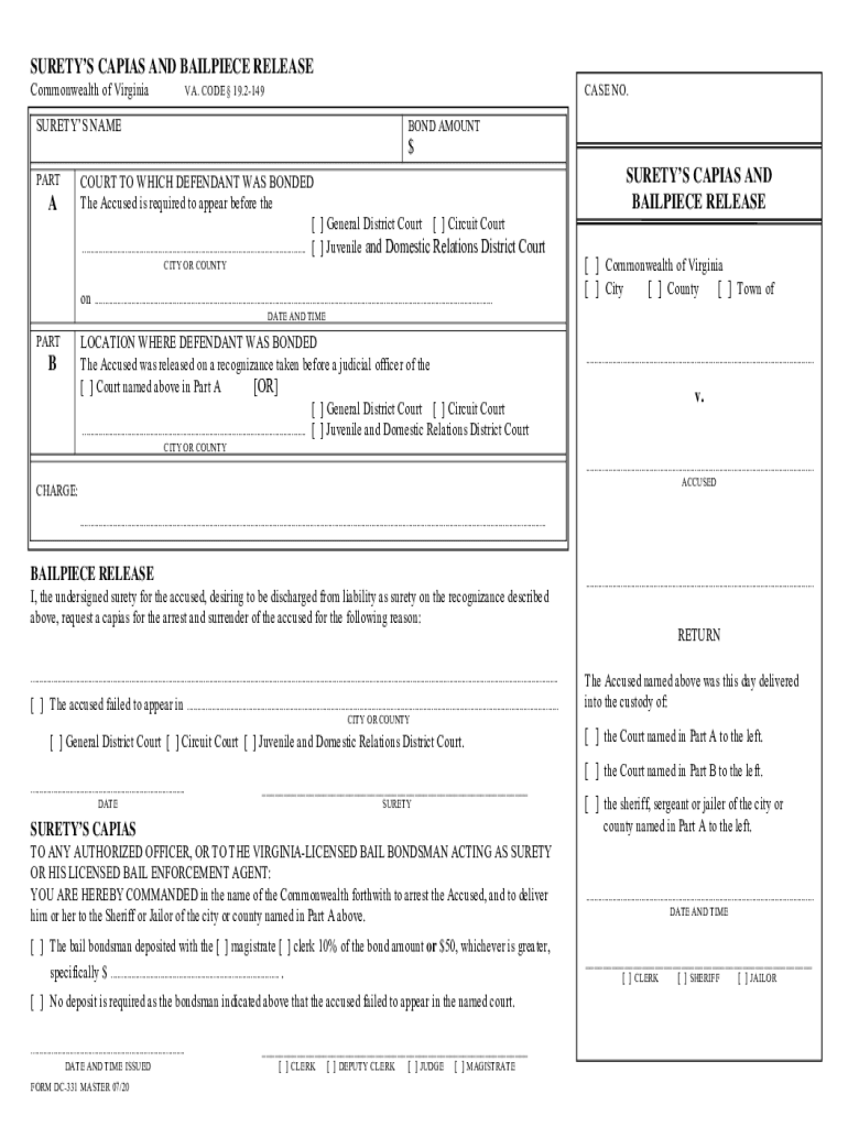 Surety&#039;s Capias and Bailpiece Release Virginia&#039;s Judicial  Form