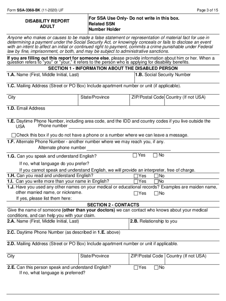 DISABILITY REPORT ADULT PLEASE READ THIS INFORMATION BEFORE