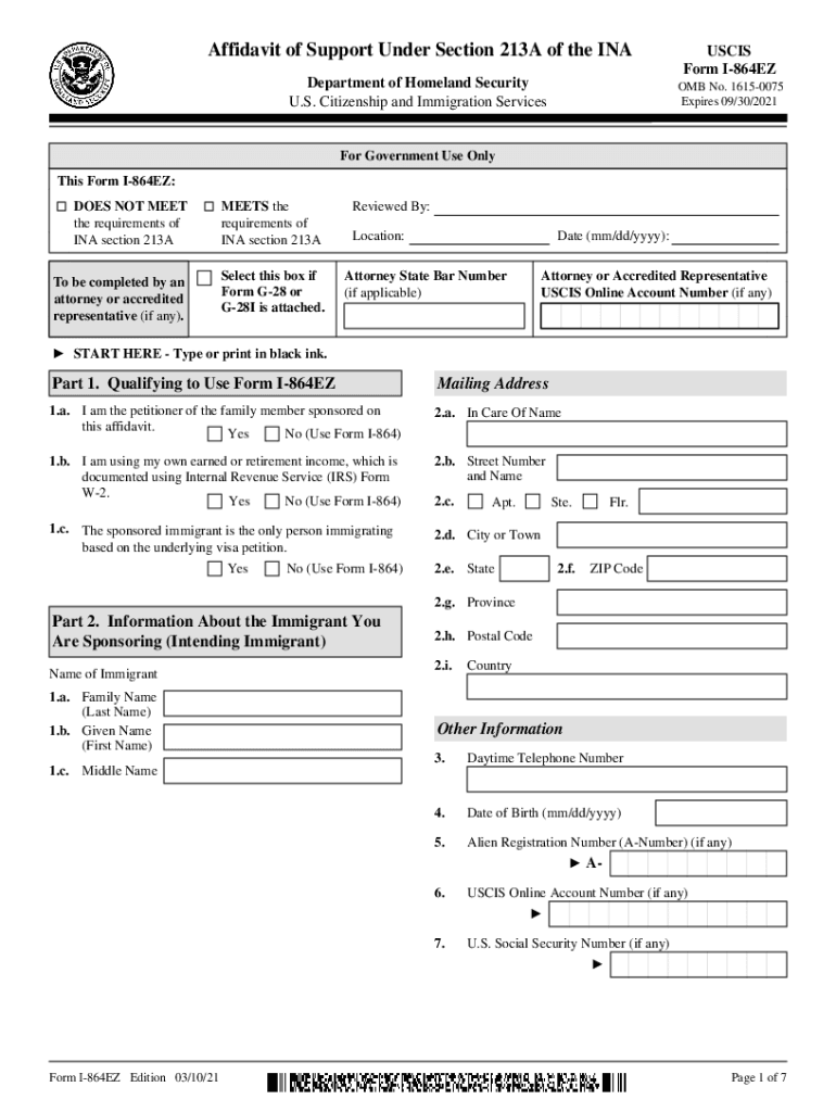  Department of Homeland Security I 864, Affidavit of Support U 2021