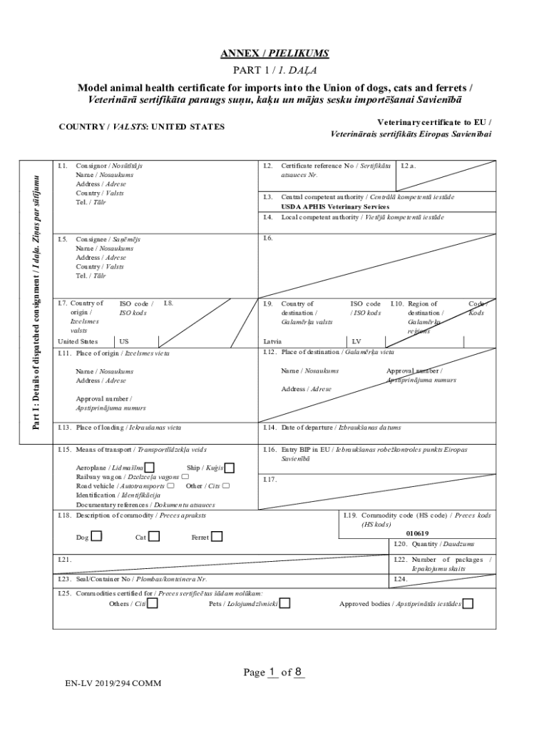 The Issue of an Official Animal Health Certificate  Form