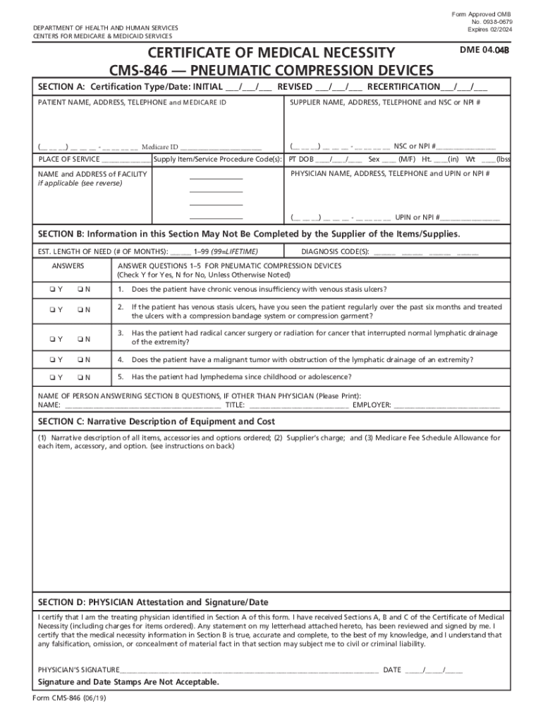 Certificate of Medical Neccessity CMS 846 Pneumatic Compression Devices  Form