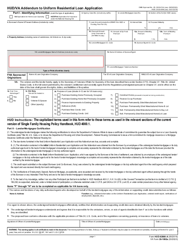  Section 184 a Addendum to Uniform Residential Loan HUD 2020-2024