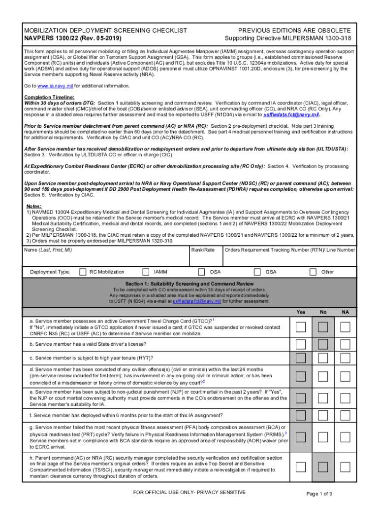 NAVPERS Form 130022 'Mobilization Deployment Screening