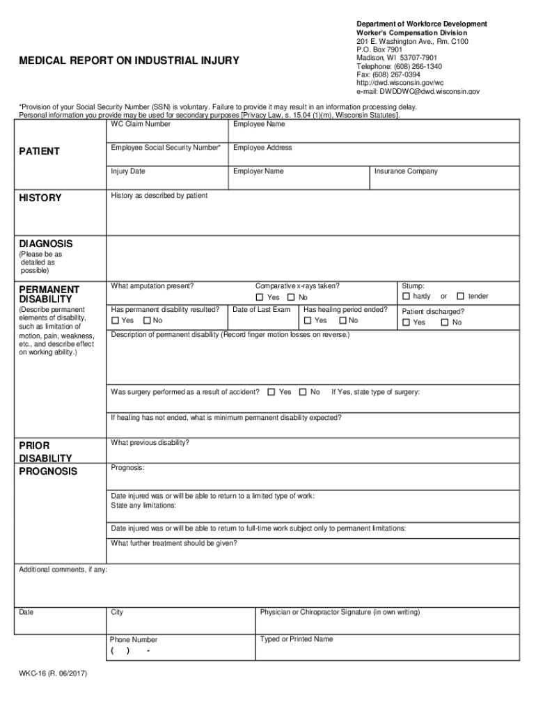 WKC 16, Medical Report on Industrial Injury  Form